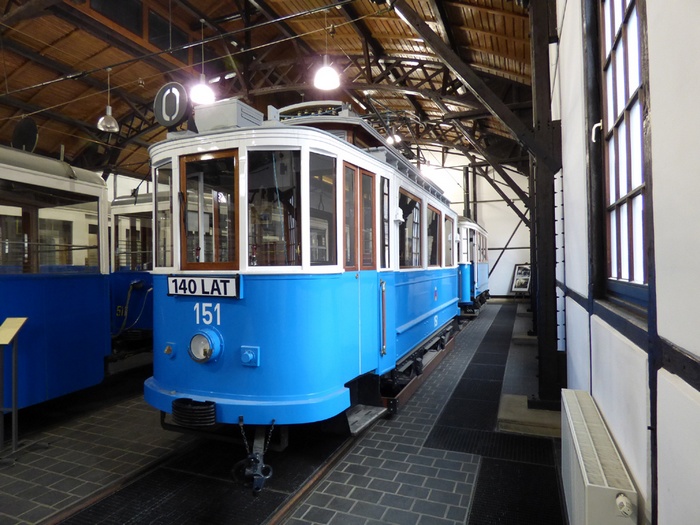 Former Eberswalde tramcar no. 2 with the Kraków car no. 151 in the Technical Museum of Kraków/Poland in February 2016